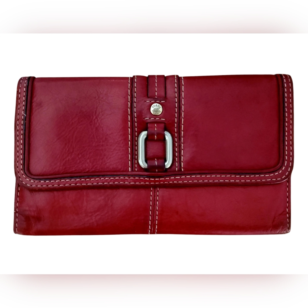 Fossil Trifold Burgundy Red Leather Wallet Vintage